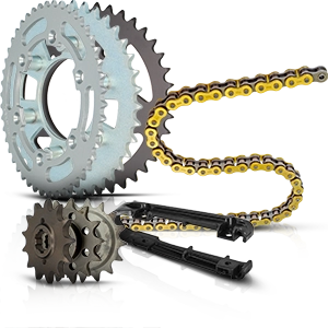 Parti di motociclette: ruote dentate, pignoni, catena dorata e tendicatena.
